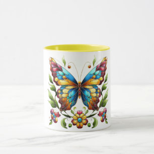 Mug Papillon en vitrail coloré avec fleurs