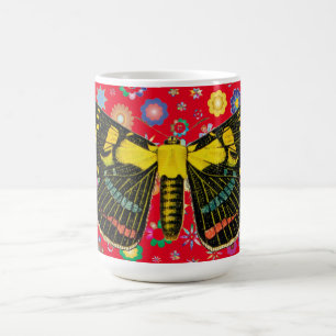 Mug papillon fleurs nature faune art rouge
