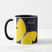 Mug Papillon jaune élégant Damassé noir Ajouter un nom (Gauche)