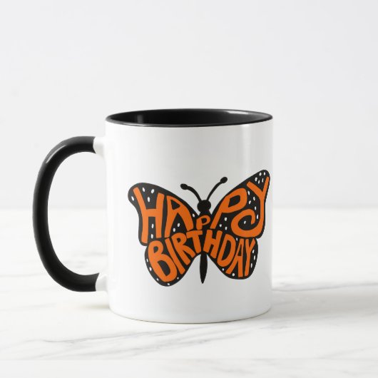 Mug Papillon Monarque Noir et Orange Joyeux Anniversai (Gauche)
