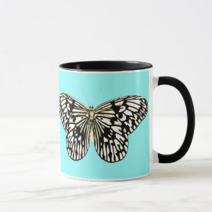 Mug Papillon noir et blanc, arrière - plan turquoise