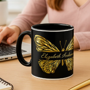 Mug Papillon noir or élégant nom script
