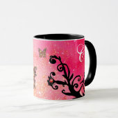 MUG PAPILLON PINK SPARKLES, MONOGRAMME FLEURALE NOIRE, (Devant droit)