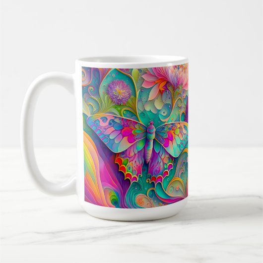 Mug Papillon psychédélique coloré et fleurs (Gauche)