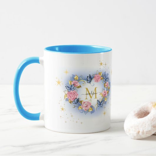 Mug Papillon & Rose Cœur I Monogramme Initiale Or (Avec donut)