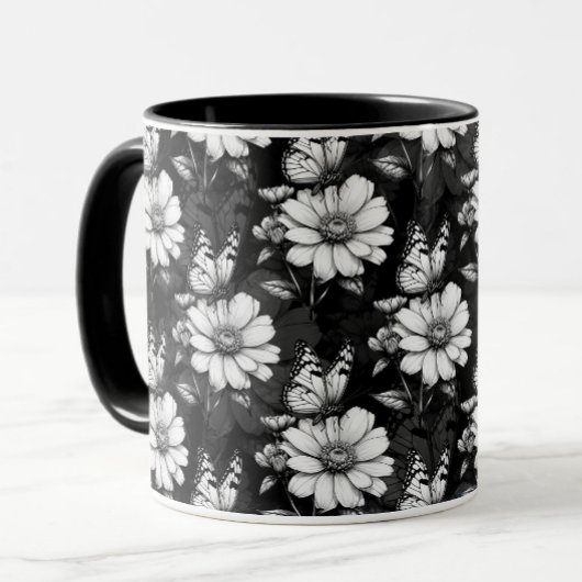 Mug Papillon sur Motif à fleurs - Noir