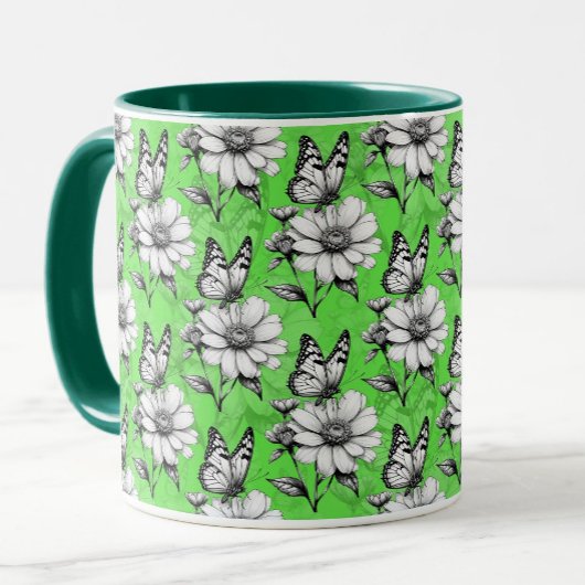 Mug Papillon sur Motif de fleurs Design vert
