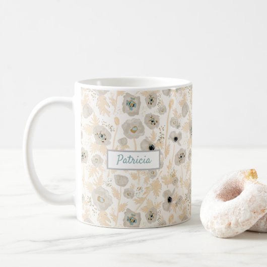 Mug Papillons Aquarelle gris jaune Nom personnalisable (Avec donut)