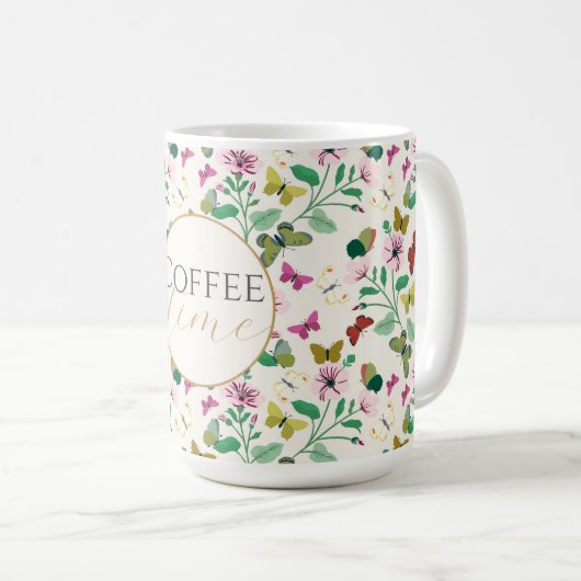 Mug Papillons colorés Fleurs roses Crème Botanique (Devant droit)