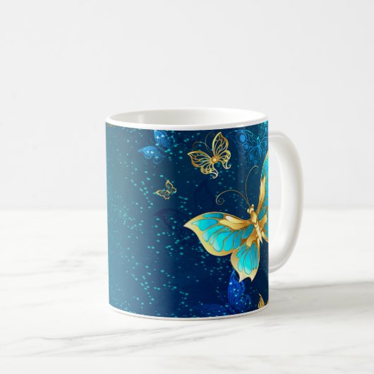 Mug Papillons d'or sur un Arrière - plan bleu (Devant droit)