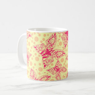 Mug papillons en dentelle pourpre sur pois jaune
