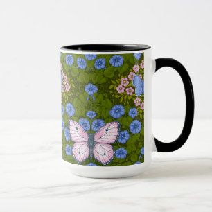 Mug Papillons et symétrie des fleurs, bleu et rose