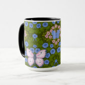 Mug Papillons et symétrie des fleurs, bleu et rose (Devant gauche)