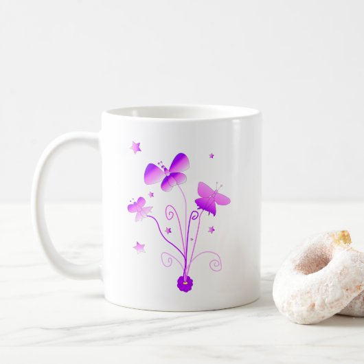 Mug Papillons Fleur Rose Violet Fille Fils (Avec donut)