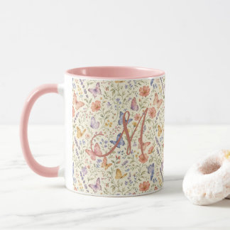 Mug Papillons Monogramme Fleurs Aquarelle Cadeau Pour