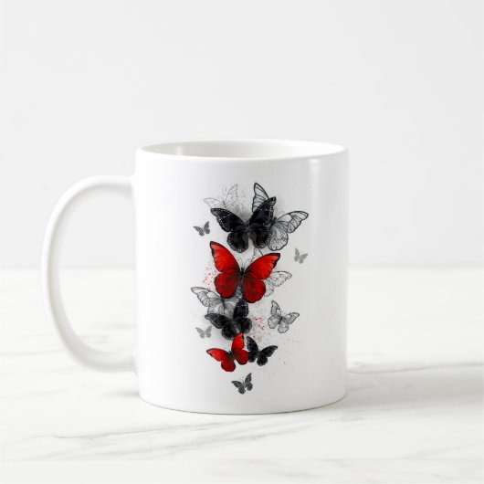 Mug Papillons Morpho Noirs et Rouges en Vol (Gauche)