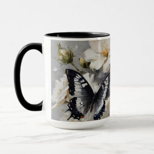 Mug Papillons noirs et blancs sur des fleurs blanches,