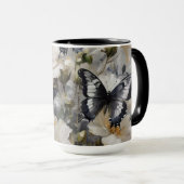 Mug Papillons noirs et blancs sur des fleurs blanches, (Devant droit)