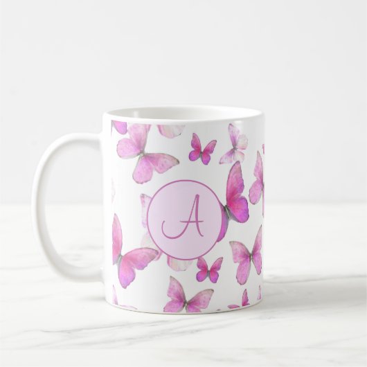 Mug Papillons Pastel Rose Fille Personnalisé Monogramm (Gauche)