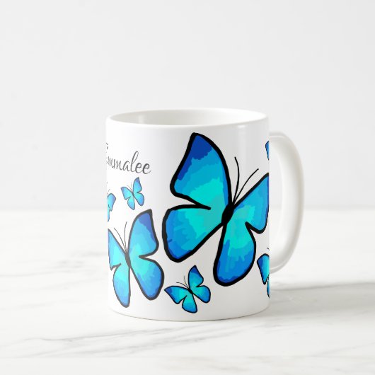 Mug Papillons peints en bleu personnalisés (Devant droit)