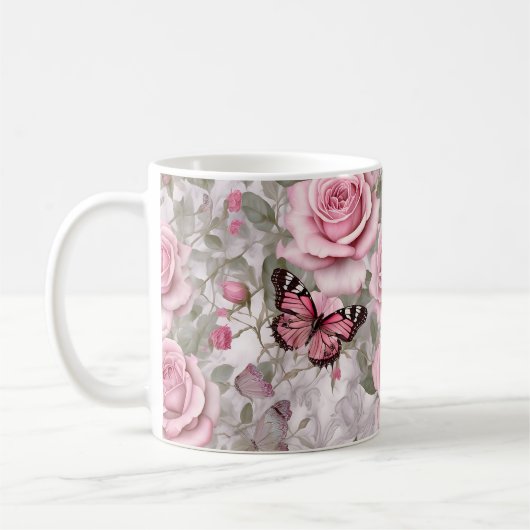 Mug Papillons rose pâle et fleurs Roses (Gauche)