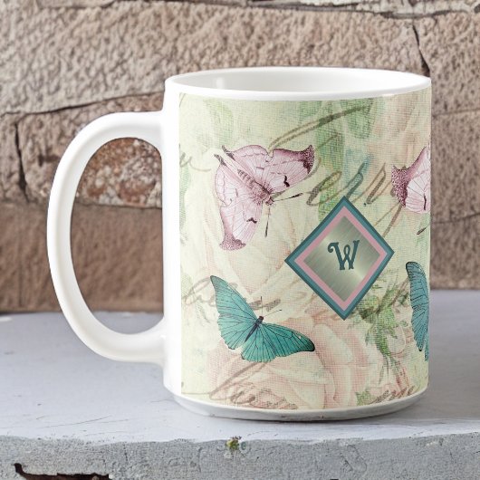 Mug Papillons roses et bleus et Roses avec Monogramme
