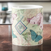 Mug Papillons roses et bleus et Roses avec Monogramme