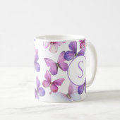 Mug Papillons roses et violets Monogramme personnalisé (Devant droit)