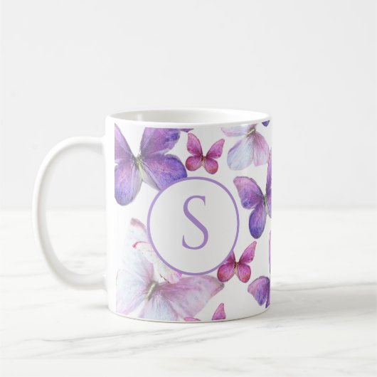 Mug Papillons roses et violets Monogramme personnalisé (Gauche)