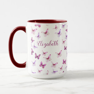 Mug Papillons roses jolis Poignée colorée avec nom per