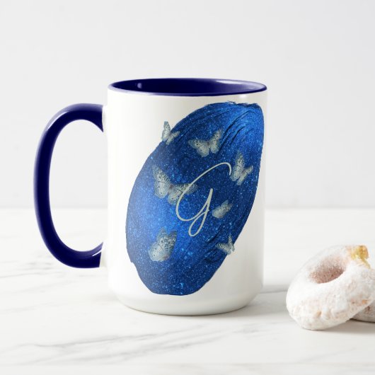 Mug Papillons Royal Bleu Initiales Lettre G Monogramme (Avec donut)