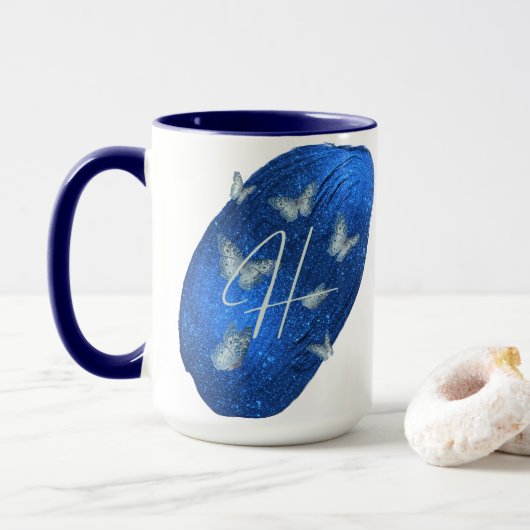 Mug Papillons Royal Bleu Initiales Lettre H Monogramme (Avec donut)