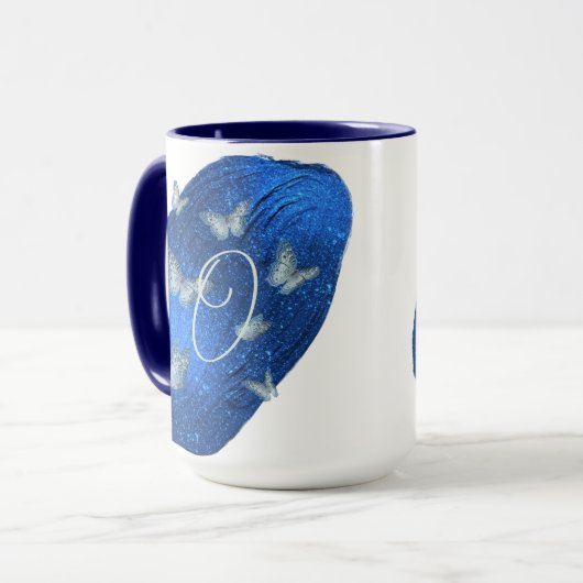 Mug Papillons Royal Bleu Initiales Lettre O Monogramme (Devant gauche)