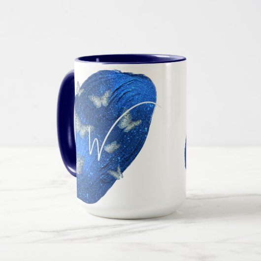 Mug Papillons Royal Blue Initiales Lettre W Monogramme (Devant gauche)