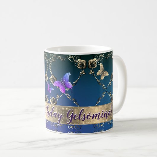 Mug Papillons violets roses avec nom (Devant droit)