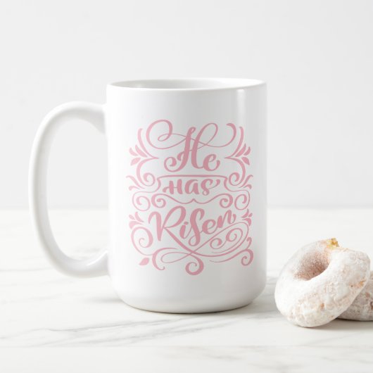 Mug Pâques Il A Risqué Christian Script Stylish Rose (Avec donut)