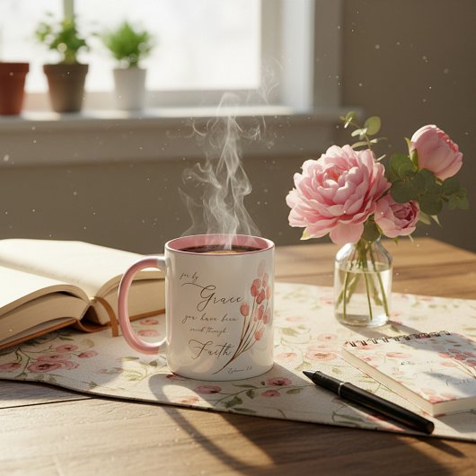 Mug Par grâce vous avez sauvé, rose floral