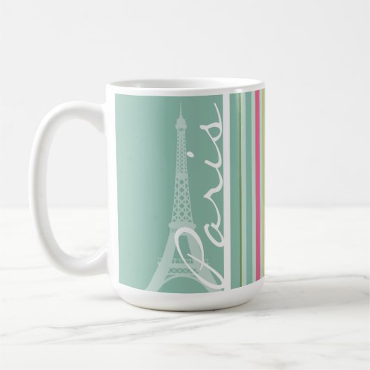 Mug Paris ; Rayures vertes et roses en bon état (Gauche)