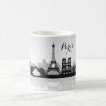 Mug Paris Skyline noir et blanc<br><div class="desc">Cette tasse présente un graphique en noir et blanc de l'horizon parisien,  avec un texte "Paris" personnalisable.</div>