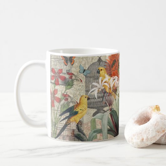 Mug Parrot Jaune Tropical Antique Fleur (Avec donut)
