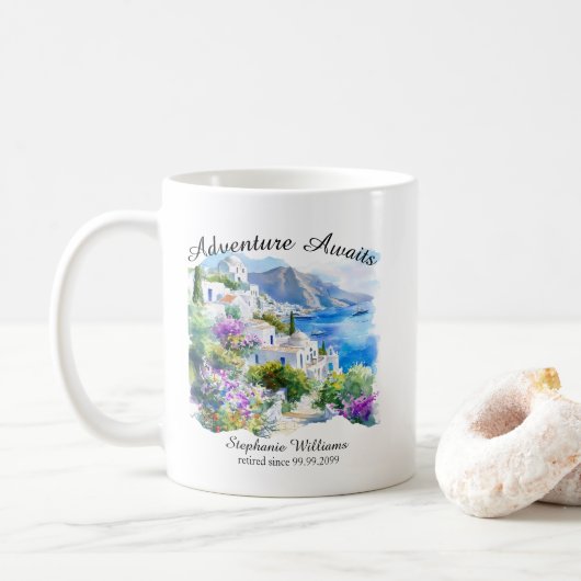 Mug Parti de retraite Colorful Grèce Village Océan (Avec donut)