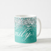 Mug Parties scintillant d'argent personnalisée Turquoi (Devant droit)