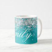 Mug Parties scintillant d'argent personnalisée Turquoi (Devant droit)