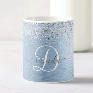 Mug Parties scintillant en argent brossé bleu Nom du m