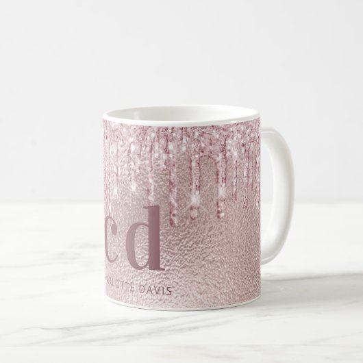 Mug parties scintillant en or rose goutte nom monogram (Devant droit)