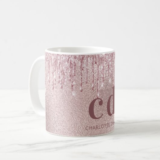 Mug parties scintillant en or rose goutte nom monogram (Devant gauche)