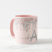 Mug parties scintillant en or rose monogramme bleu ros (Devant gauche)