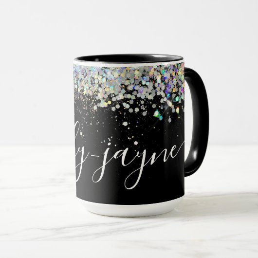 Mug Parties scintillant holographique noire Nom lettre (Devant droit)