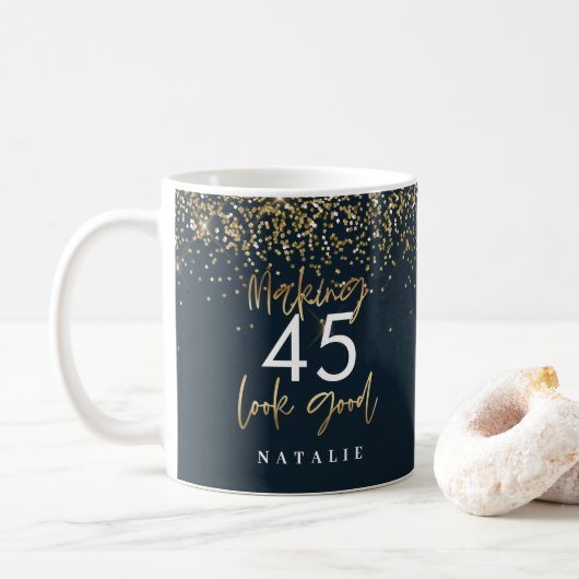 Mug Parties scintillant moderne bleu et or 45h anniver (Avec donut)