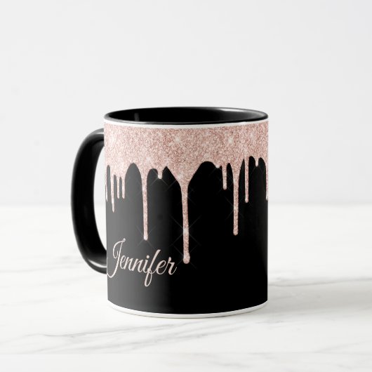 Mug Parties scintillant rose vif sur noir Monogrammé (Devant gauche)